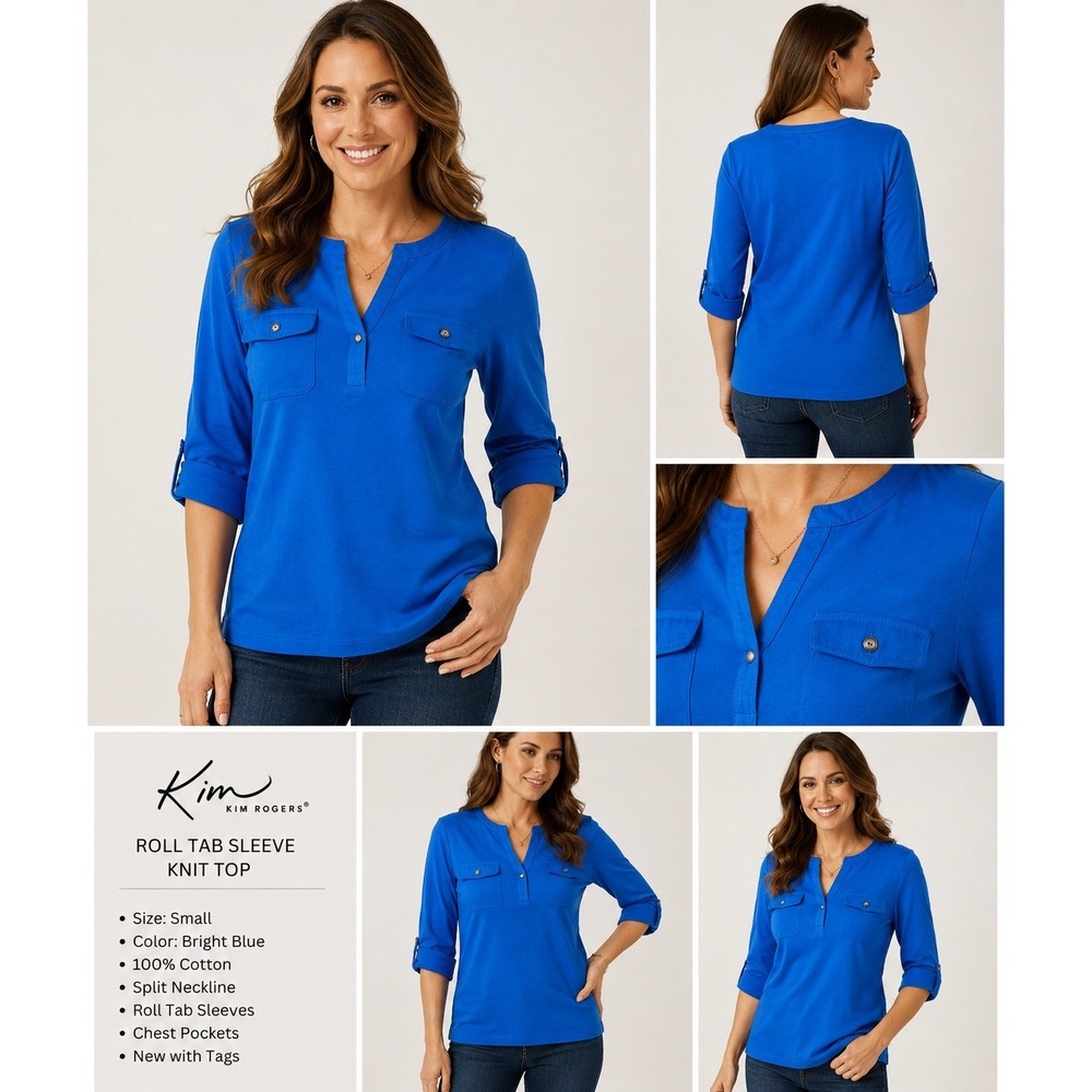 Kim Rogers Knit Top Bright Blue Cotton Roll Tab Sleeve Casual Small